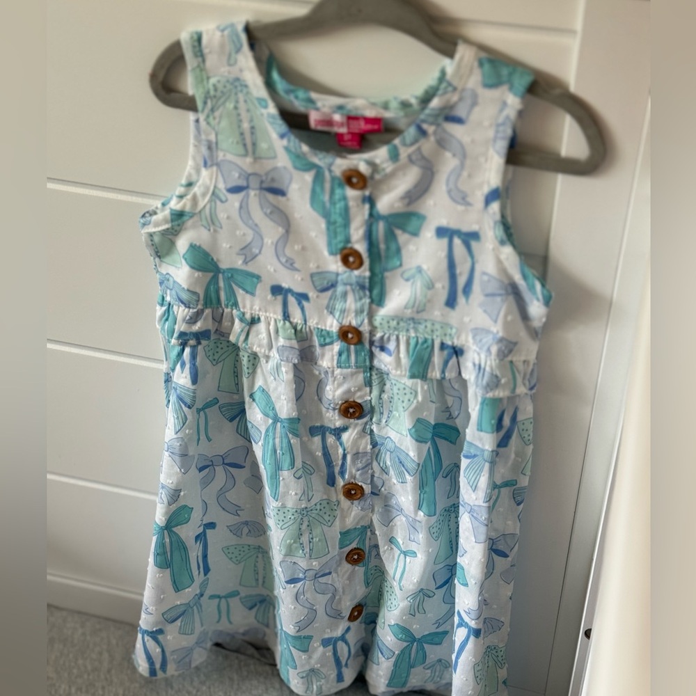 Penelope Mack Sleeveless Dress with Bow Print and Wooden Buttons 3T